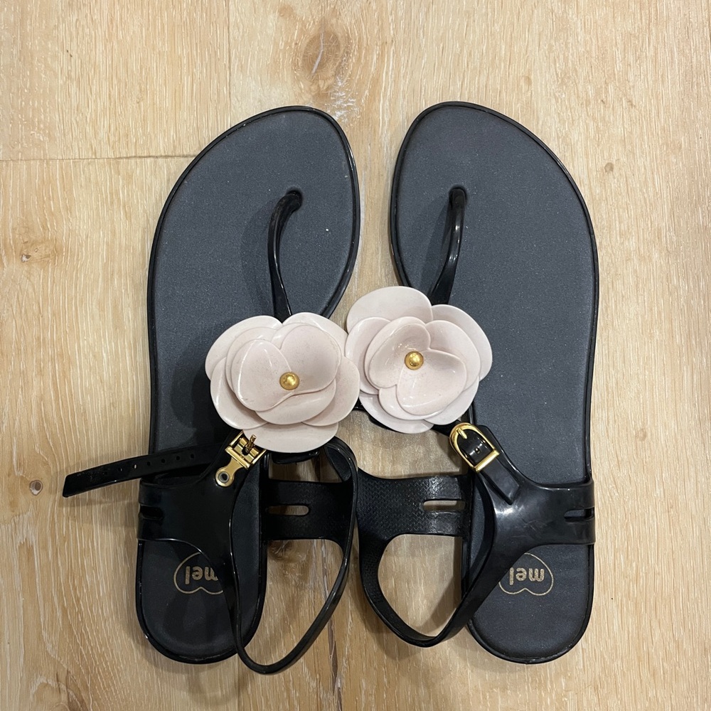 Melissa Black Sandals with Cream Floral Detail Size 8